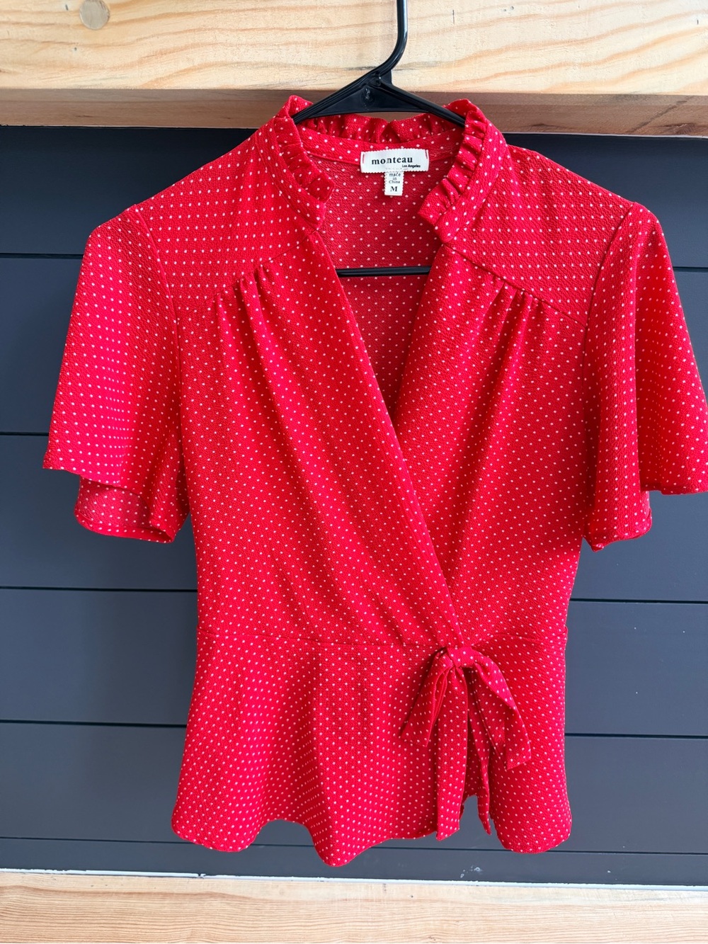 Monteau Red Polka Dot Tie-Waist Wrap Blouse